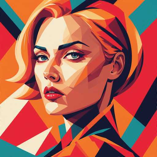 The image is a digital illustration featuring an orange-haired woman with blue eyes and red lips. The background of the image is a vibrant mix of colors including shades of red, green, yellow, and black. The artist has used geometric shapes to create the overall composition, giving it a modern and abstract style.