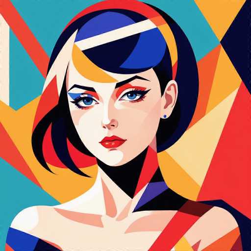 The image depicts a woman with blue eyes and a black hair bun wearing a red dress against a vibrant abstract background of geometric shapes in various colors including yellow, orange, green, and pink. The artist's signature is visible at the bottom right corner.