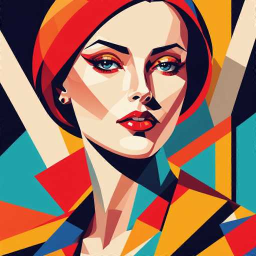 The image depicts a woman with striking red hair and blue eyes wearing an orange headband. The background is a vibrant mix of colors including yellow, green, blue, and pink, creating a sense of depth and complexity to the scene.