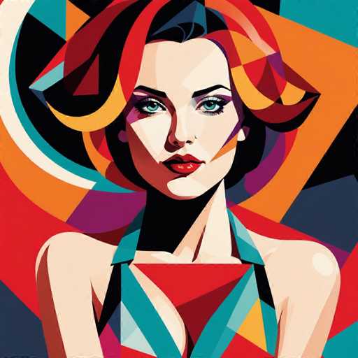 The image depicts a woman with striking red hair and blue eyes wearing an orange dress against a black background featuring geometric shapes. The woman is positioned centrally within the frame, drawing attention to her face as she gazes directly at the viewer.