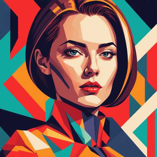 The image is a digital illustration featuring a woman with short hair and striking blue eyes. The background of the image is a vibrant mix of red, green, yellow, and white geometric shapes arranged in a triangular pattern.