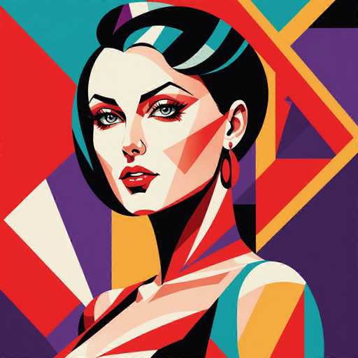 The image depicts a woman with short hair and dark makeup against a vibrant abstract background of red, yellow, blue, green, purple, orange, and pink triangles arranged in a geometric pattern. The woman is positioned centrally within the frame, drawing attention to her face as she gazes directly into the camera.