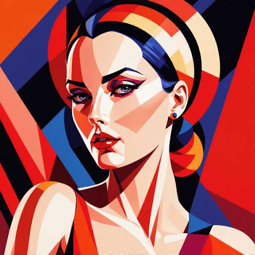 The image depicts a woman with striking features and a unique style. She is wearing an orange dress that contrasts with the red background of the painting. The woman's face is the focal point, and her hair is styled in a bun adorned with a colorful headband. The painting itself is abstract, featuring geometric shapes and lines that create a sense of depth and dimension.