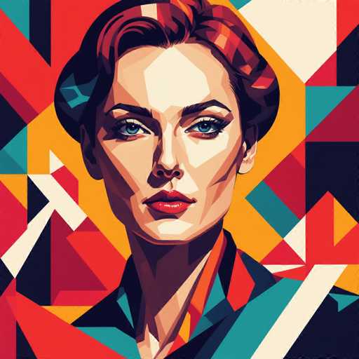 The image is a digital illustration featuring a woman with striking blue eyes and red lips against a vibrant background of geometric shapes in various colors including red, orange, yellow, green, blue, purple, pink, black, white, and gray. The artist has used a geometric style to create the portrait, which gives it an abstract yet visually appealing look.