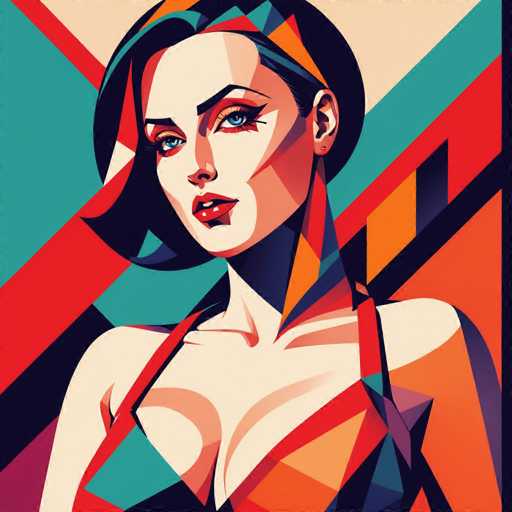 The image depicts a woman with striking blue eyes and a vibrant red lip, wearing a black top hat and a colorful dress that blends shades of orange, green, and purple. The background features geometric shapes in various colors including red, green, yellow, and blue, creating an abstract and modern art style.