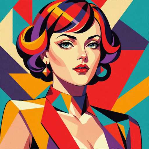 The image depicts a woman with vibrant red hair styled in an updo and wearing a colorful jacket. The background is a geometric pattern of blue, orange, yellow, pink, green, and purple shapes arranged in a triangular formation.