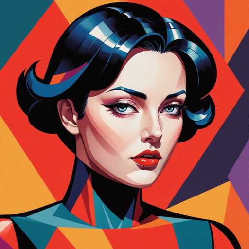 The image depicts a woman with striking blue eyes and dark hair styled into an updo. She is wearing a vibrant red dress that contrasts with the colorful background behind her. The background features a geometric pattern in shades of orange, purple, green, and yellow, creating a visually appealing composition.