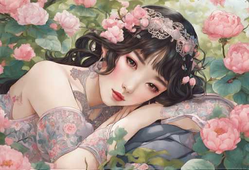 The image depicts a woman with long dark hair wearing a pink and white dress adorned with flowers. She is lying on her back with her head resting on a blue pillow, surrounded by an array of pink roses in the background. The artist's signature can be seen at the bottom right corner of the image.