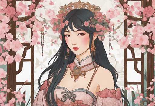 The image depicts a woman with long dark hair wearing a pink dress adorned with gold accents and a large flower crown on her head. The background features a white floral patterned wall with wooden frames.