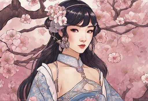 The image depicts an illustration of a woman with long dark hair wearing traditional Chinese clothing and a blue dress adorned with white flowers. The background features pink cherry blossoms against a green tree branch.