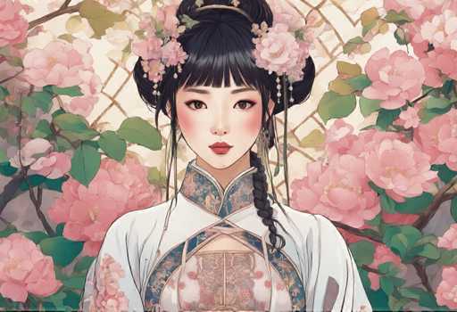 The image depicts a woman with dark hair and bangs wearing traditional Chinese clothing. She is standing against a backdrop of pink flowers and green leaves, suggesting an Asian-inspired setting. The woman's face is partially obscured by the floral headpiece she wears, which adds to her traditional appearance.