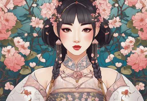 The image depicts an Asian woman with a traditional Chinese dress and floral headpiece. She is wearing earrings that match the pink flowers surrounding her. The background features a blue sky filled with trees and bushes, creating a serene and natural atmosphere.