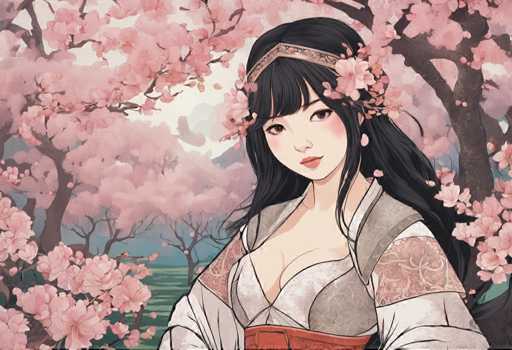The image depicts a woman with long dark hair wearing traditional Japanese clothing and a headband adorned with pink flowers. The background features a serene garden scene filled with cherry blossom trees in full bloom.
