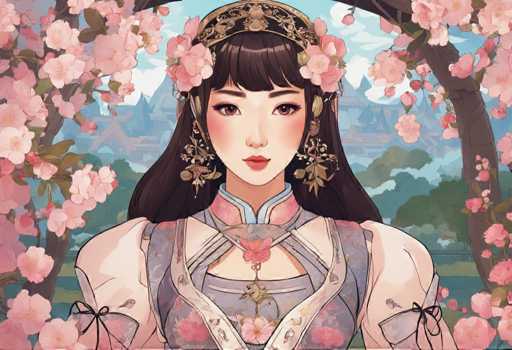 The image depicts a woman with long dark hair wearing a traditional Chinese dress adorned with pink flowers and gold accents. She is positioned against the backdrop of a garden filled with cherry blossom trees in full bloom, suggesting that she might be in a location where cherry blossoms are celebrated or grown. The colors used in the illustration are predominantly pink and white, which further emphasize the theme of the floral dress.