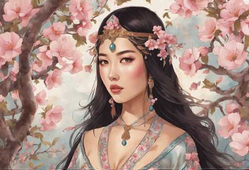 The image depicts a woman with long dark hair wearing traditional Chinese clothing and a headpiece adorned with pink flowers. She is looking directly at the camera with an expression of concentration or contemplation. The background features a tree filled with pink blossoms against a blue sky.