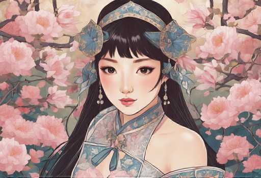 The image features an illustration of a woman with long dark hair and bangs wearing traditional Chinese clothing. She is looking directly at the camera with a serious expression on her face. The background behind her is filled with pink flowers, adding to the overall aesthetic of the scene.