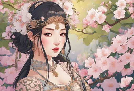 The image depicts an Asian woman with long black hair wearing a traditional Chinese dress and headpiece adorned with flowers. The background features a garden filled with pink cherry blossoms against a blue sky.