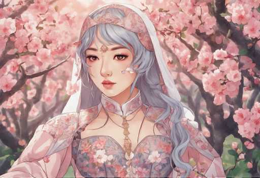 A woman with blue hair and a white dress is shown against a backdrop of pink cherry blossoms. The image has a digital art style featuring a green background and pink flowers as the main elements.