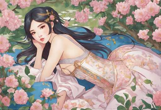 A woman with long dark hair is lying on her stomach among a field of pink flowers and green leaves. She is wearing a white dress adorned with gold accents that matches the surrounding flora. The background features a blue sky dotted with fluffy clouds.