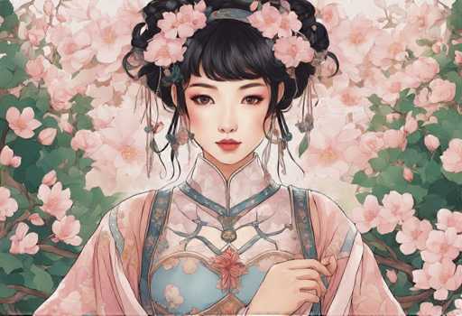 The image depicts a woman with dark hair and bangs wearing traditional Chinese clothing adorned with pink flowers. She is standing against the backdrop of a garden filled with cherry blossom trees, which adds to the overall beauty of the scene. The colors used in the illustration are predominantly pink and green, creating a harmonious and visually appealing composition.