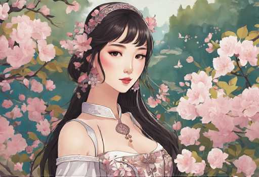 The image depicts a woman with long dark hair wearing a white dress and a headband adorned with pink flowers. She is standing against the backdrop of a garden filled with cherry blossom trees in full bloom, creating a serene and picturesque scene. The colors used are predominantly pink and green, which further enhances the beauty of the image.