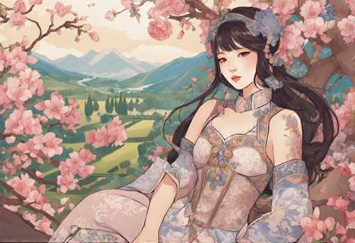 A woman with long dark hair is depicted wearing a blue and white dress adorned with gold accents. She is seated on a bench under a tree, surrounded by pink flowers that add to the serene atmosphere of the scene. The background features mountains in the distance, suggesting an outdoor setting.