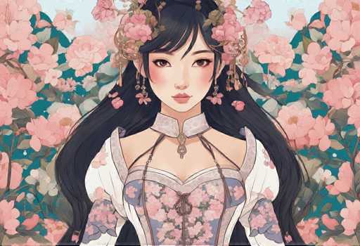 The image depicts a beautiful young woman with long dark hair wearing a traditional Chinese dress adorned with pink flowers and gold accents. The woman is looking directly at the camera, giving off an air of confidence and elegance. The background features a garden filled with pink flowers, creating a serene and picturesque setting for the scene.