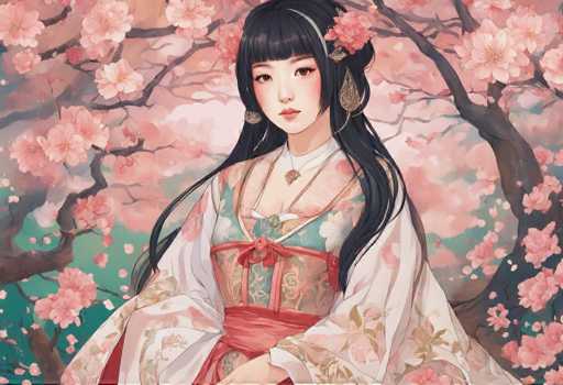 The image depicts an Asian woman wearing traditional Chinese clothing with a red and gold dress adorned with a pink sash and gold earrings. The background features a lush garden filled with cherry blossom trees in full bloom, creating a serene and picturesque setting for the woman.