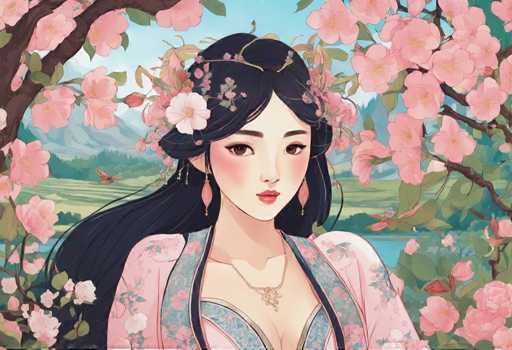 The image depicts a beautiful young woman with long dark hair wearing traditional Chinese clothing and a flower crown on her head. She is standing against the backdrop of a serene garden filled with pink flowers and lush green trees. The artist's signature can be seen in the bottom right corner, indicating that this is an original piece of art created by someone named "Xiao".