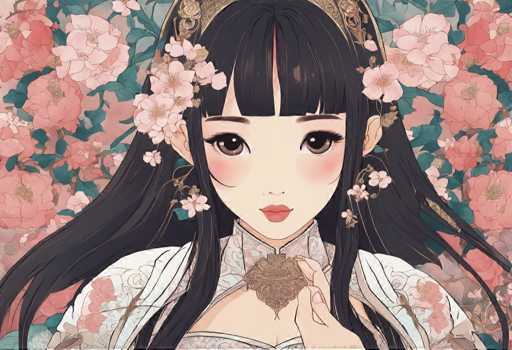 The image depicts an anime character with long black hair and dark makeup wearing a white dress adorned with pink flowers. The character is holding a gold heart-shaped pendant against the backdrop of a garden filled with pink flowers.