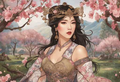 The image depicts a woman with long dark hair wearing a traditional Chinese dress and a gold crown on her head. She is standing against the backdrop of a lush green field dotted with pink flowers, suggesting a serene and picturesque setting. The artist's signature can be seen in the bottom right corner of the image.