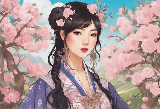 The image depicts a woman with long dark hair wearing traditional Chinese clothing and a flower crown on her head. She is standing against the backdrop of a pink cherry blossom tree, which adds to the overall beauty of the scene. The colors in the image are predominantly pink from the cherry blossoms and blue from the woman's dress.