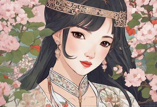 The image depicts a young girl with long dark hair wearing a traditional Chinese dress and a gold headband adorned with flowers. The background is filled with pink and white flowers, creating a serene and picturesque setting for the girl's portrait.