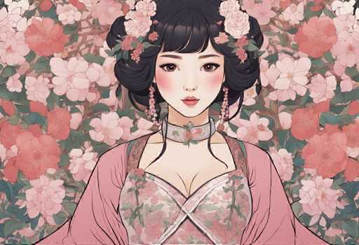The image depicts a woman with black hair and dark makeup wearing a pink dress adorned with flowers. She is standing against a backdrop of pink flowers, suggesting an Asian-inspired setting or theme. The woman's pose and the surrounding floral elements create a sense of harmony and balance in the composition.