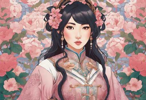 The image depicts an Asian woman with long dark hair wearing a pink and white dress adorned with gold accents. She is wearing earrings and a headband. The background features a floral arrangement of pink and green flowers.