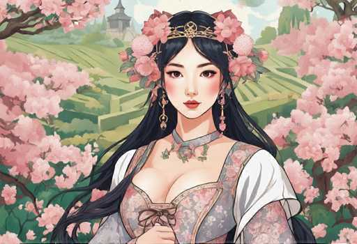 The image depicts a woman with long dark hair wearing a traditional Chinese dress adorned with pink and white flowers. She is standing against the backdrop of a lush green field dotted with cherry blossom trees in full bloom. The woman's face is partially obscured by her dress, adding an air of mystery to the scene.