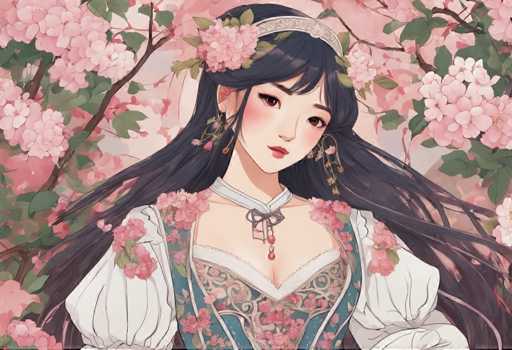 The image depicts a beautiful young woman with long dark hair wearing a traditional Chinese dress adorned with pink and white flowers. She is looking directly at the camera with an air of confidence and grace. The background features a garden filled with cherry blossom trees in full bloom, creating a serene and picturesque setting for the scene.