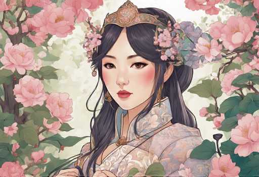 The image depicts an Asian woman with long dark hair wearing a traditional Chinese dress and a crown of flowers on her head. The background is filled with pink and green flowers, creating a serene garden-like setting.