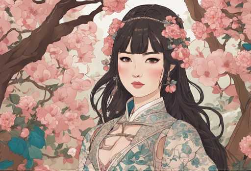 The image depicts an Asian woman with long dark hair wearing a traditional Chinese dress and a headpiece adorned with pink flowers. The background features a lush garden filled with cherry blossom trees in full bloom, creating a serene and picturesque setting for the woman's portrait.
