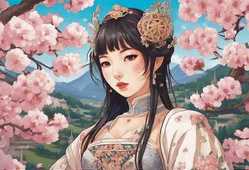 The image depicts an Asian woman with long black hair wearing a traditional Chinese dress adorned with pink and white flowers. She is standing against the backdrop of a serene landscape featuring mountains under a clear blue sky. The artist's signature can be seen in the bottom right corner of the image, indicating that this is likely a digital illustration or painting created by an artist.