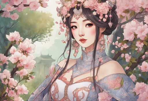 The image depicts a beautiful woman with long black hair and dark makeup wearing traditional Chinese clothing adorned with pink flowers. The background features a lush garden filled with cherry blossom trees, creating a serene and picturesque setting for the woman.
