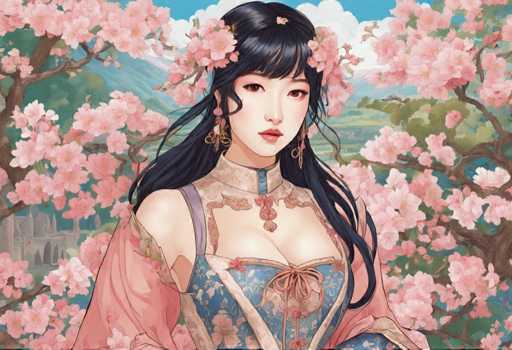 A woman with long dark hair is the central figure in this illustration. She is adorned with a flower crown and a blue dress that features white floral patterns. The background of the image is filled with pink flowers, creating a vibrant and colorful scene.