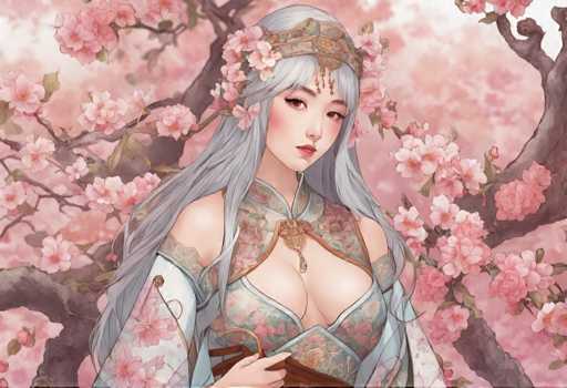 A woman with long blonde hair wearing a white dress and holding a book is the main subject of this illustration. The background features pink flowers and trees, creating an impressionistic style that emphasizes color and light over detail.