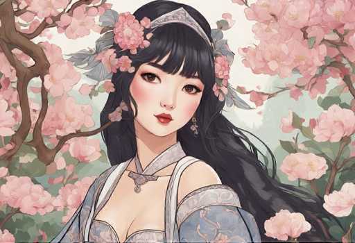 The image depicts a woman with long dark hair wearing a blue dress and a tiara adorned with pink flowers. The background is filled with pink flowers, creating an ethereal atmosphere around the woman.