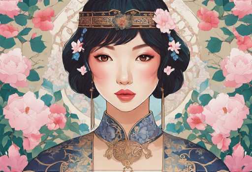 The image features an illustration of a woman with dark hair and makeup, wearing traditional Chinese clothing. She is adorned with flowers on her head and neck, adding a touch of elegance to the scene. The background is filled with pink flowers, creating a harmonious color palette that complements the overall composition.