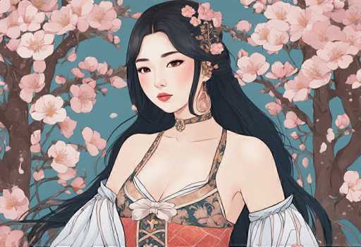 The image depicts a woman with long dark hair wearing an ornate dress and earrings. She is standing against a backdrop of pink flowers and trees, suggesting she may be in a garden or park setting. The woman's pose and attire give the impression that she is posing for a portrait or art piece.