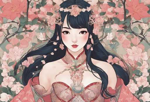 The image depicts a beautiful young woman with long dark hair wearing a pink and gold dress adorned with flowers. The background is filled with pink and green flowers, creating an enchanting atmosphere around the woman's figure.