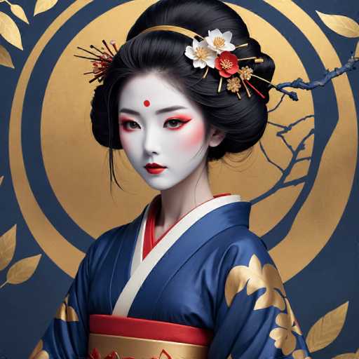 The image shows a young woman with black hair wearing traditional Japanese attire consisting of a blue and gold kimono adorned with red flowers on the shoulders. She is also wearing a white headpiece with gold accents that features a red dot in her eye. The background is a deep blue color, which complements the gold elements of her outfit.