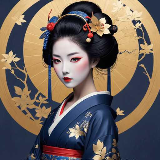 A young woman with black hair is the central figure in this image. She is wearing a traditional Japanese kimono and has her hair styled into an elegant updo adorned with gold flowers. The background features a circular pattern of gold leaves against a blue backdrop, creating a striking contrast that highlights the woman's presence.