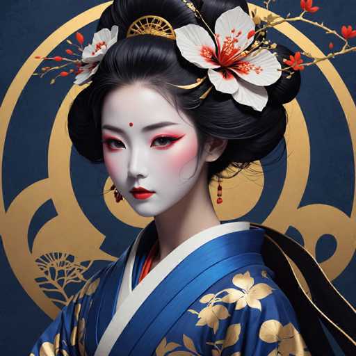 The image shows a woman with black hair wearing traditional Japanese attire and makeup. She is positioned against a blue background adorned with gold designs. The woman's face features white flowers on her head, adding to the elegance of her appearance.